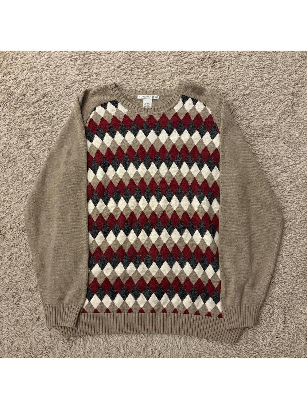 Geoffrey Beene red, beige, and black argyle cotton sweater